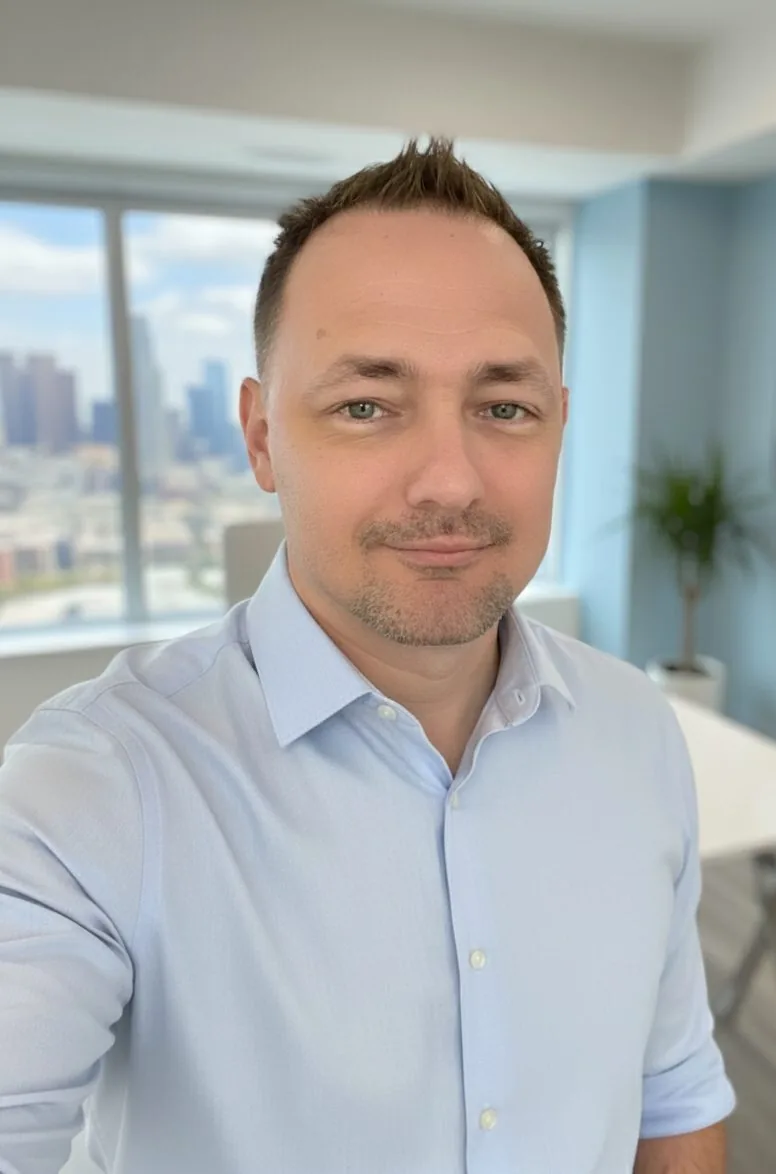 Darrell in a downtown LA office with city skyline behind him